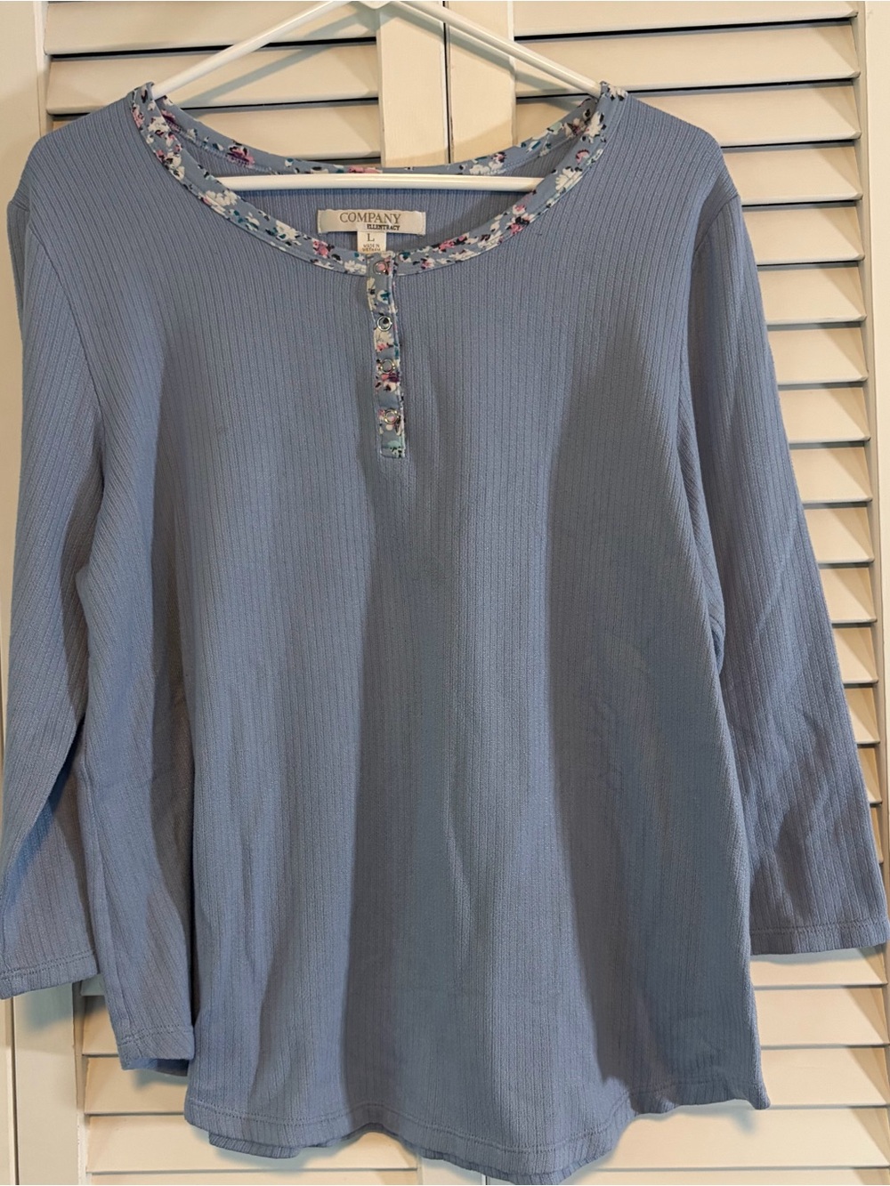 Ellen Tracy Light Blue Ribbed Long Sleeve Top with Floral Trim